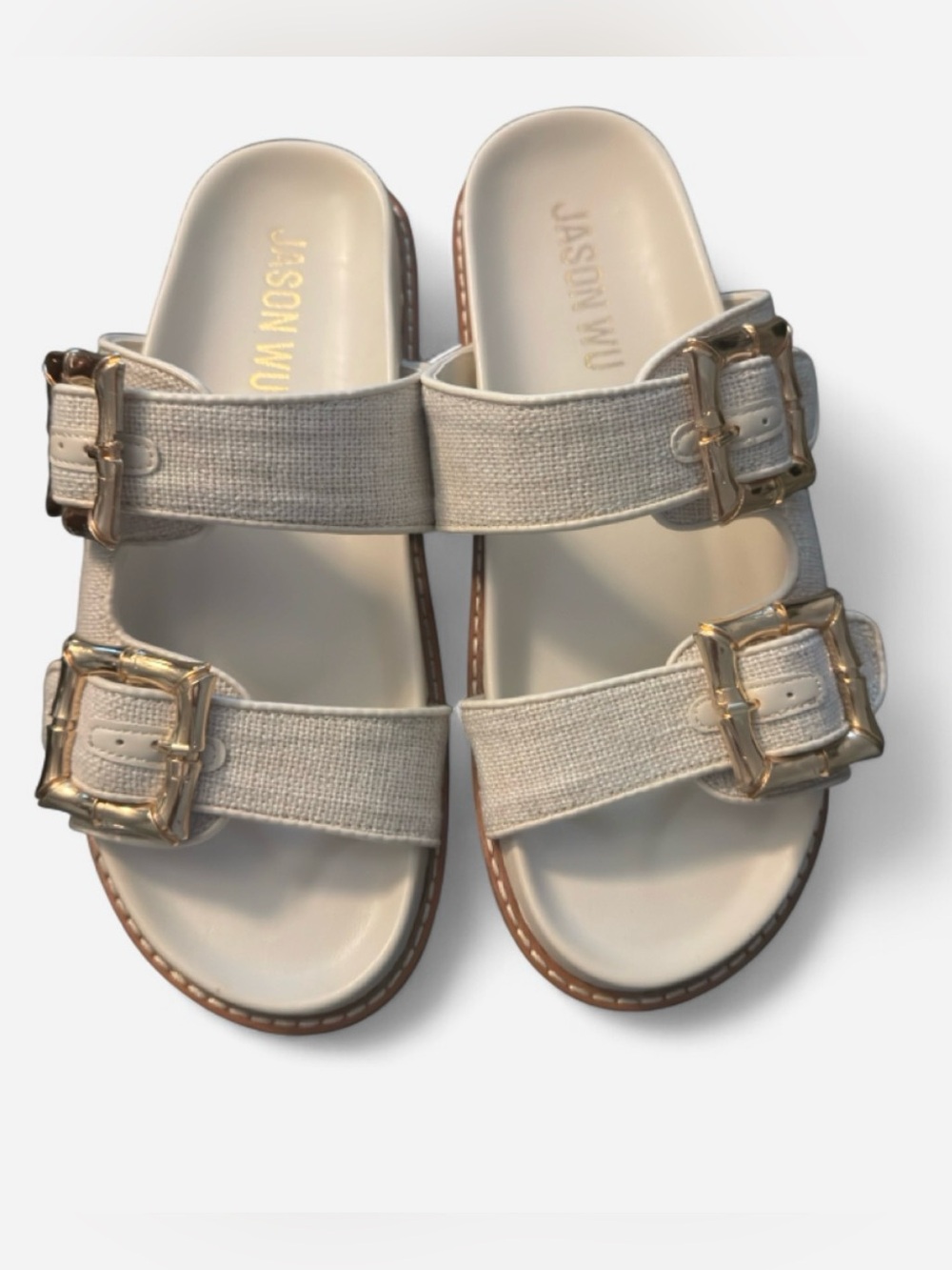 Jason Wu Cream Canvas Double-Buckle Sandals with Gold Buckles